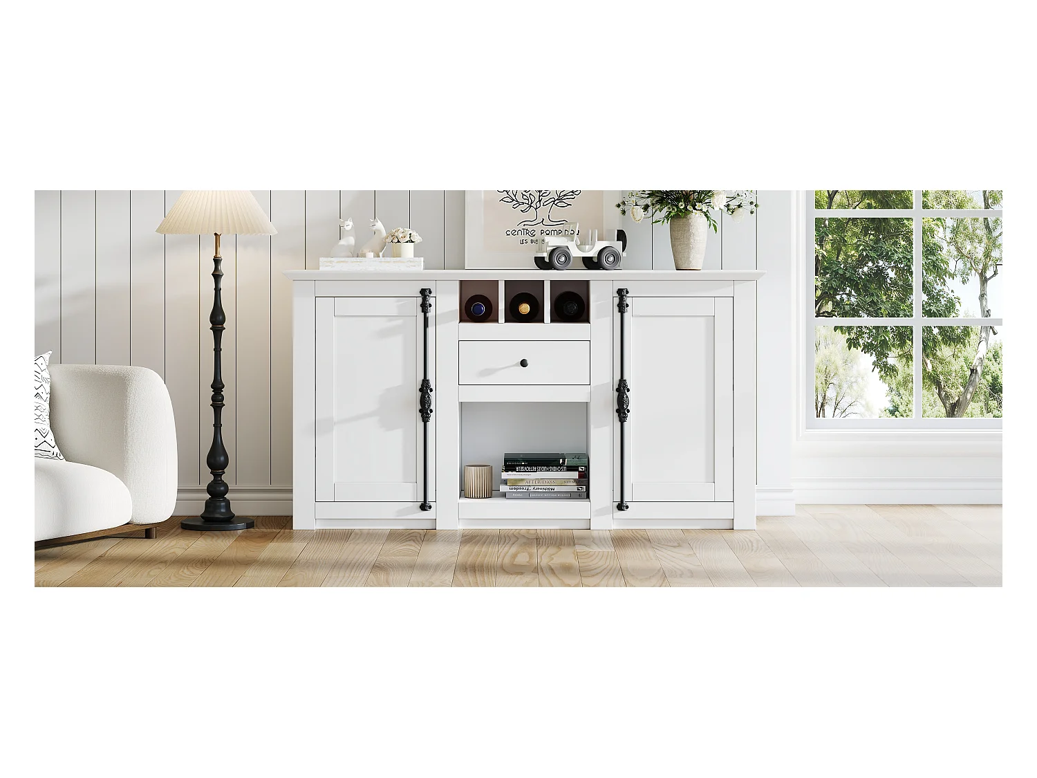 Buffet de salon avec 2 portes et 1 tiroir - 130 x 35 x 70 cm - pour salons et bureaux - MDF + aggloméré - blanc