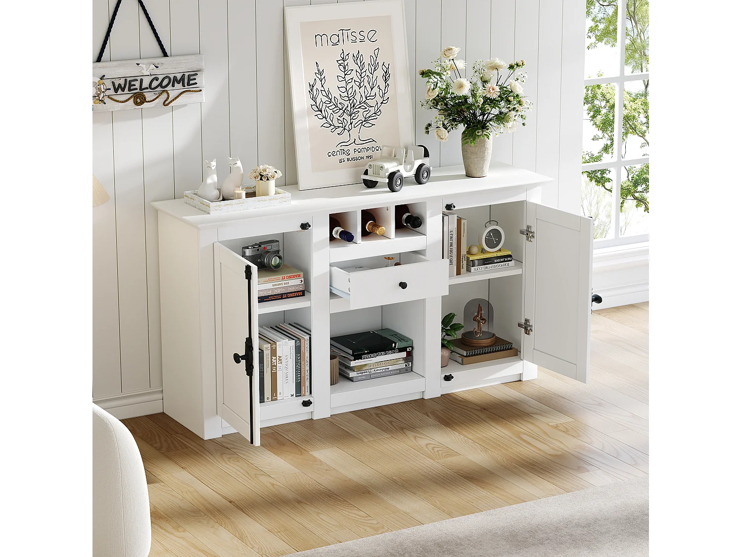 Buffet de salon avec 2 portes et 1 tiroir - 130 x 35 x 70 cm - pour salons et bureaux - MDF + aggloméré - blanc