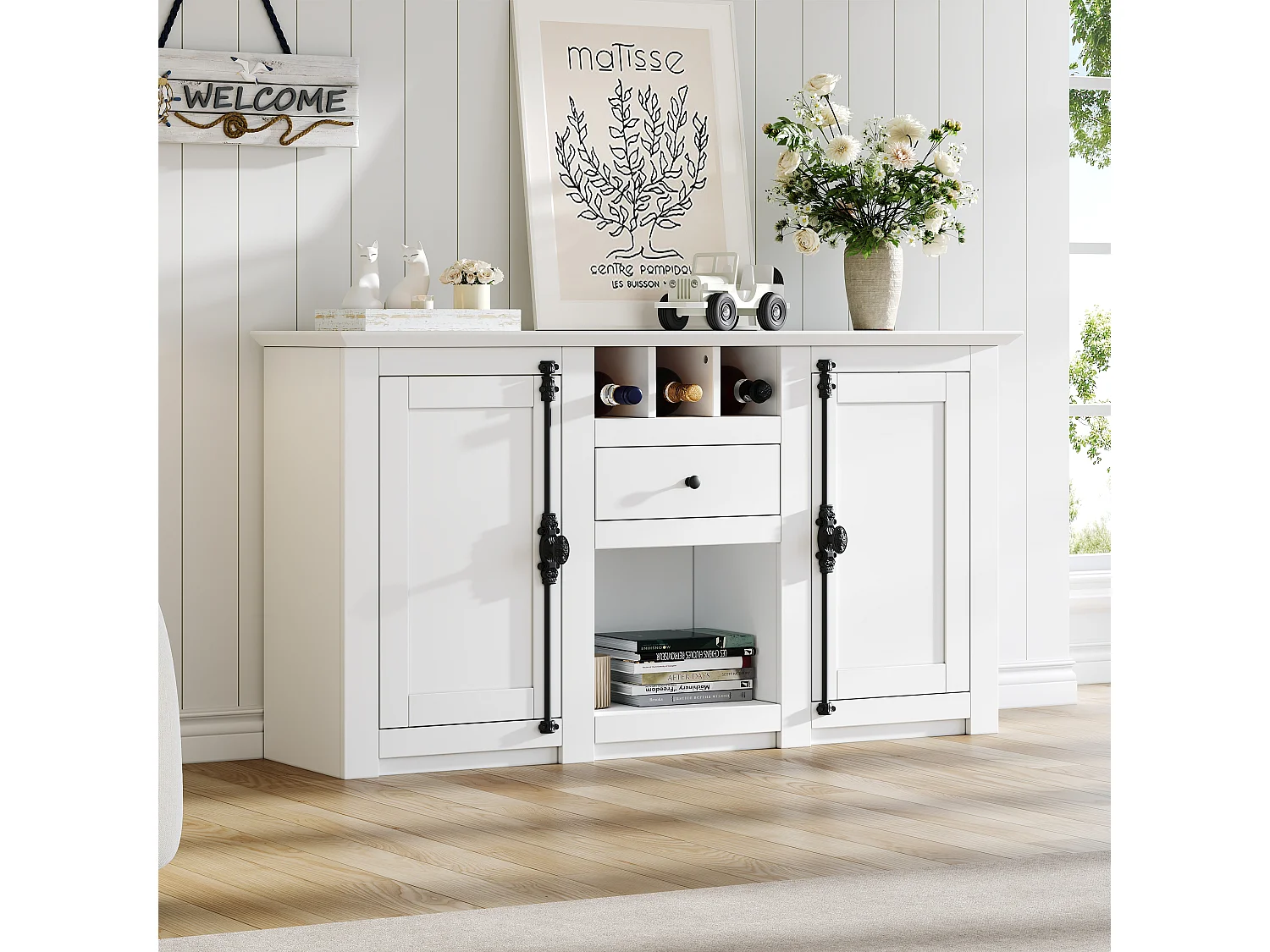 Buffet de salon avec 2 portes et 1 tiroir - 130 x 35 x 70 cm - pour salons et bureaux - MDF + aggloméré - blanc