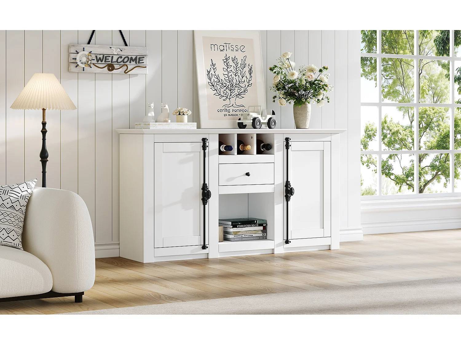 Buffet de salon avec 2 portes et 1 tiroir - 130 x 35 x 70 cm - pour salons et bureaux - MDF + aggloméré - blanc