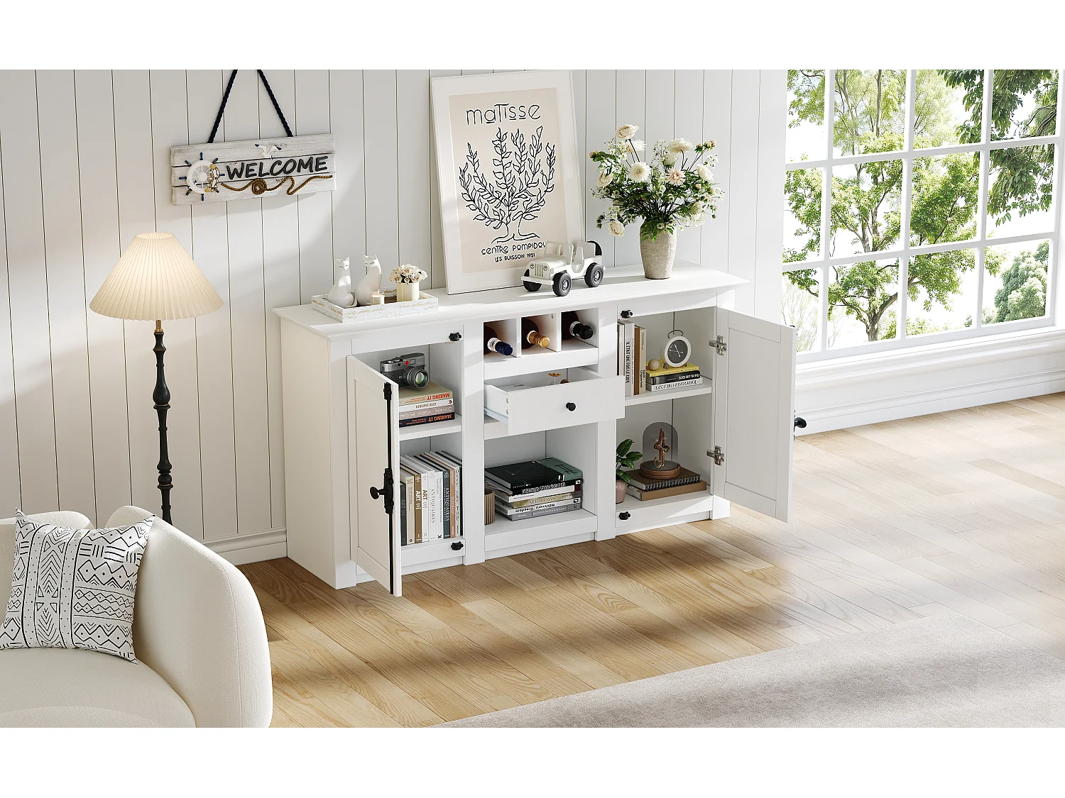 Buffet de salon avec 2 portes et 1 tiroir - 130 x 35 x 70 cm - pour salons et bureaux - MDF + aggloméré - blanc
