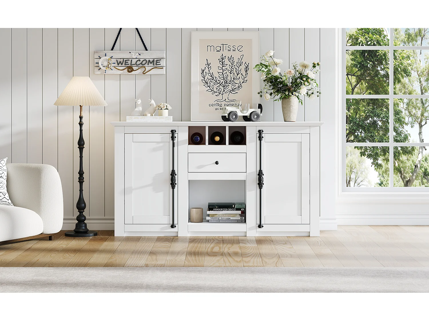 Buffet de salon avec 2 portes et 1 tiroir - 130 x 35 x 70 cm - pour salons et bureaux - MDF + aggloméré - blanc