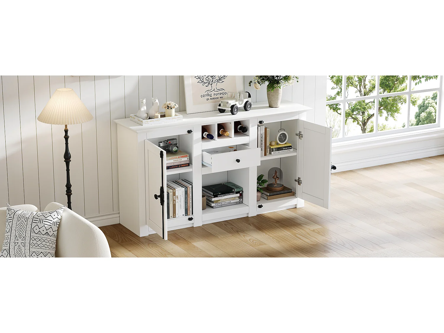 Buffet de salon avec 2 portes et 1 tiroir - 130 x 35 x 70 cm - pour salons et bureaux - MDF + aggloméré - blanc