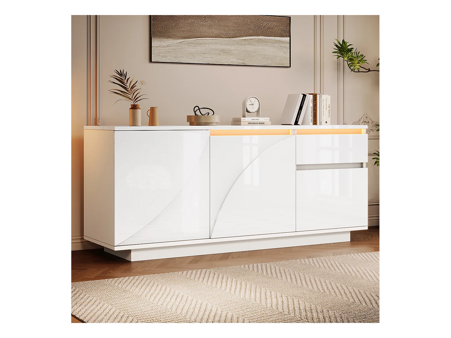Buffet d'appoint brillant avec 3 portes + Leds + 1 tiroir - 140 x 40 x 60 cm - étagères réglables - MDF - blanc