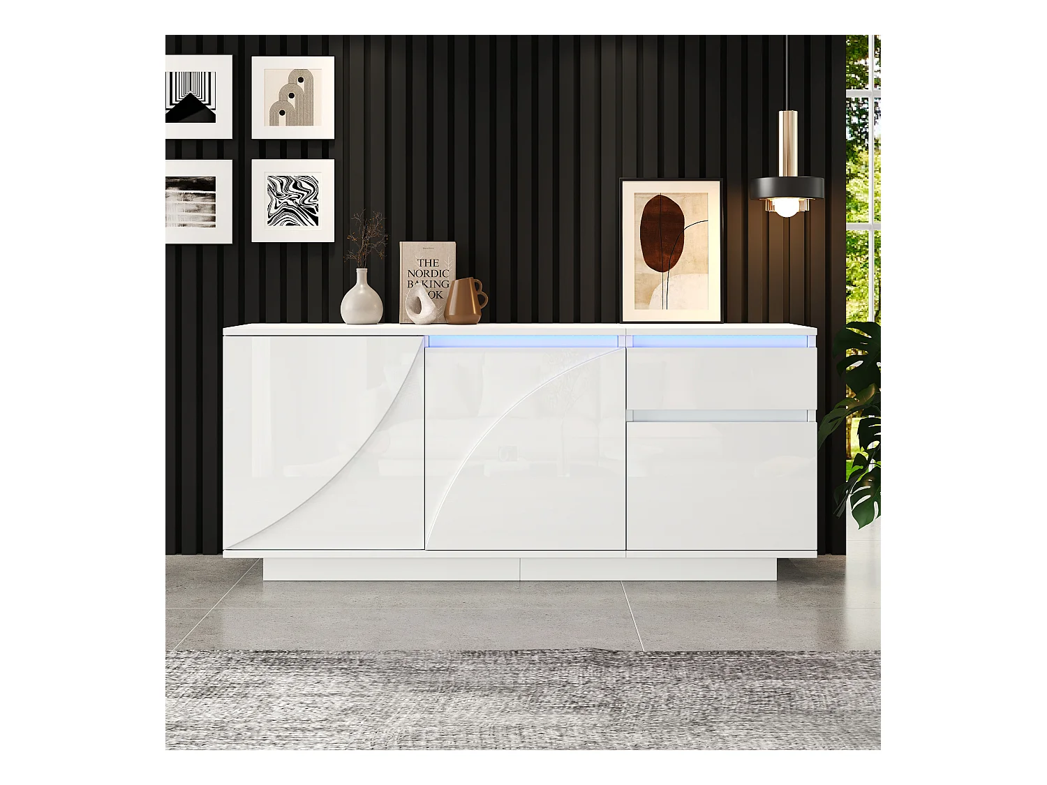 Buffet d'appoint brillant avec 3 portes + Leds + 1 tiroir - 140 x 40 x 60 cm - étagères réglables - MDF - blanc