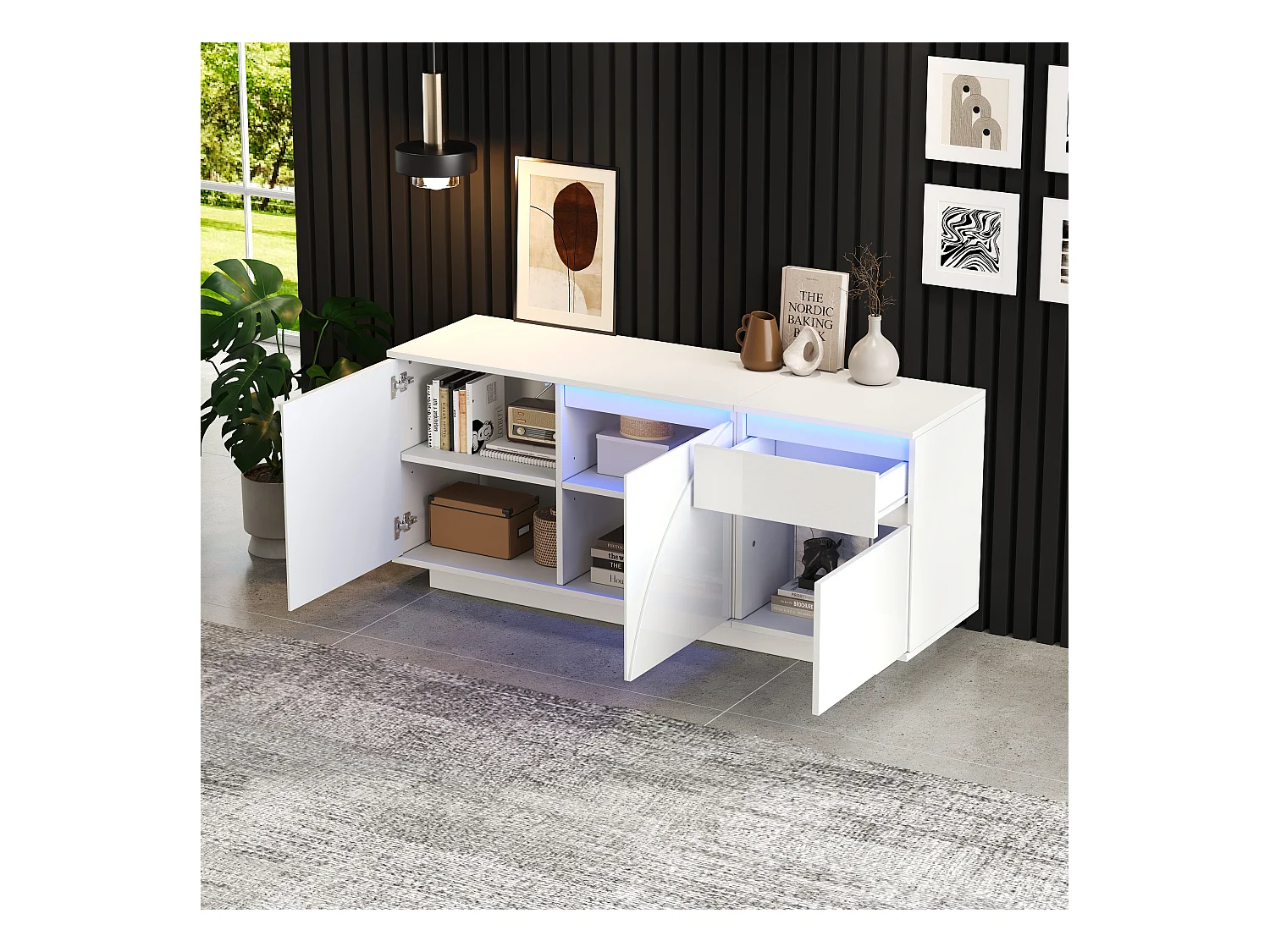 Buffet d'appoint brillant avec 3 portes + Leds + 1 tiroir - 140 x 40 x 60 cm - étagères réglables - MDF - blanc