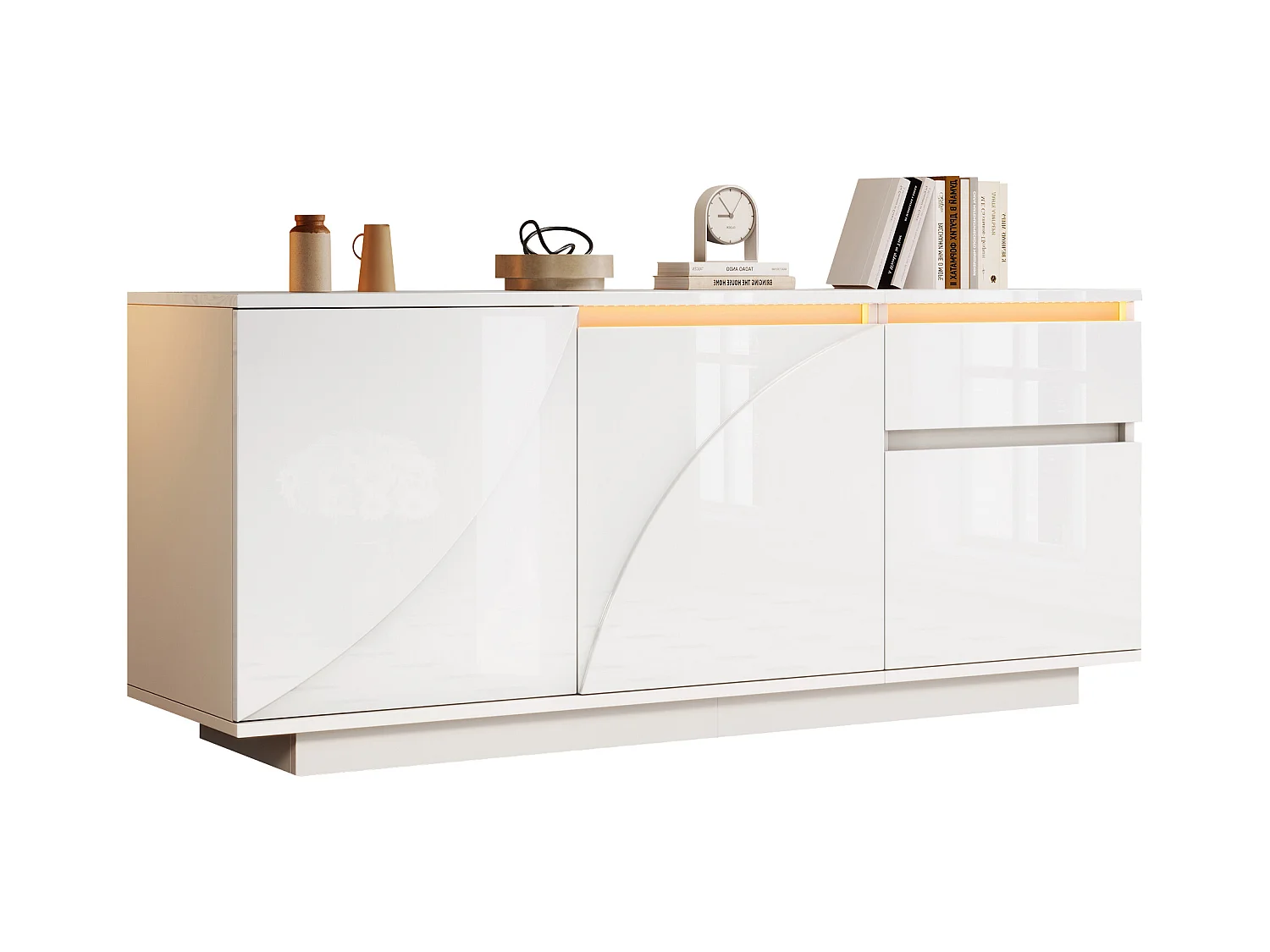 Buffet d'appoint brillant avec 3 portes + Leds + 1 tiroir - 140 x 40 x 60 cm - étagères réglables - MDF - blanc