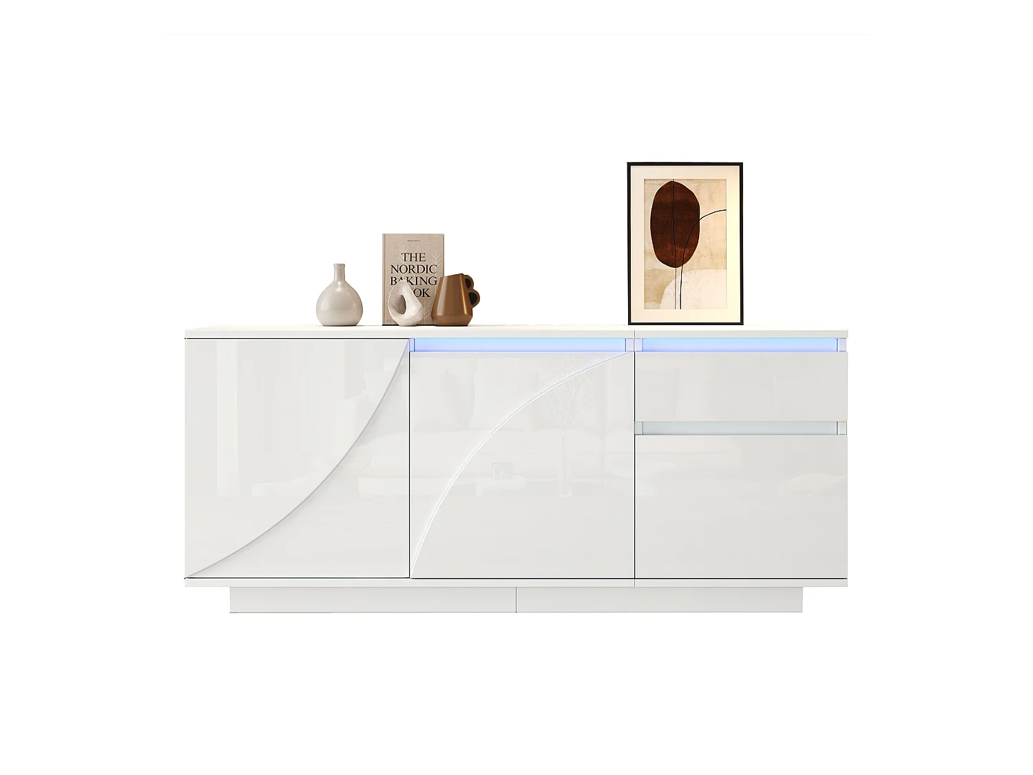 Hochglanz-Sideboard mit 3 Türen + LEDs + 1 Schublade – 140 x 40 x 60 cm – verstellbare Einlegeböden – MDF – weiß