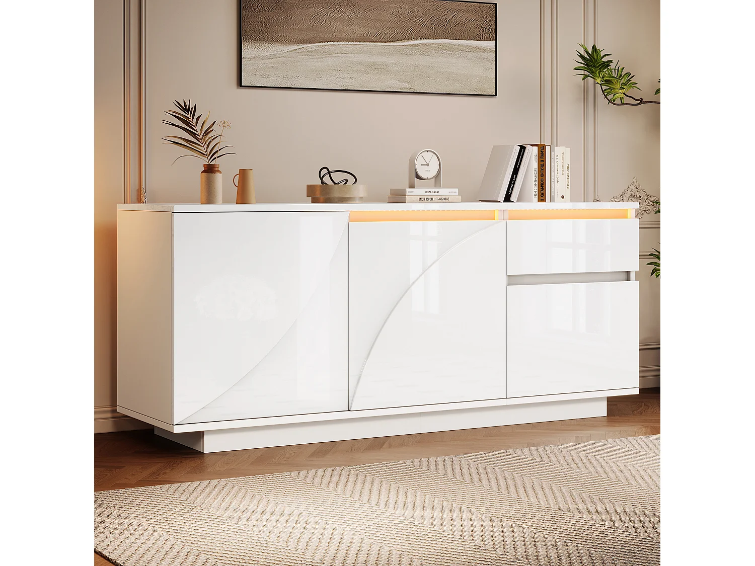 Buffet d'appoint brillant avec 3 portes + Leds + 1 tiroir - 140 x 40 x 60 cm - étagères réglables - MDF - blanc
