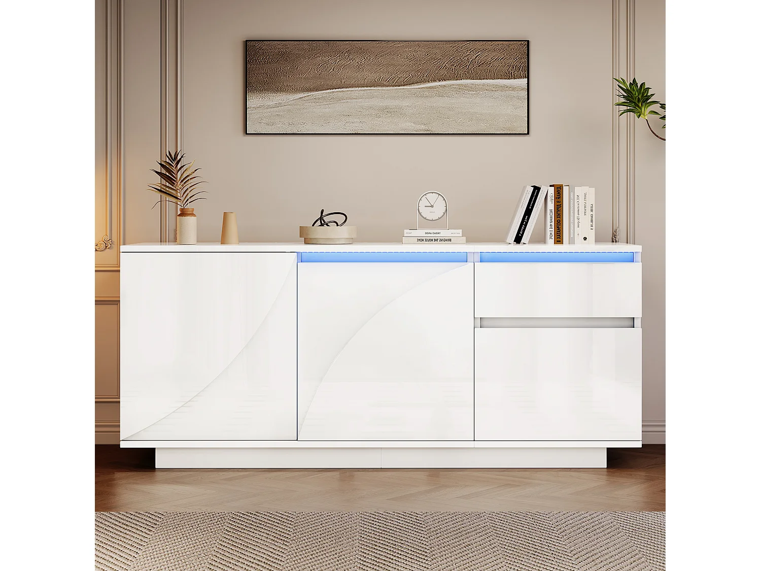 Buffet d'appoint brillant avec 3 portes + Leds + 1 tiroir - 140 x 40 x 60 cm - étagères réglables - MDF - blanc