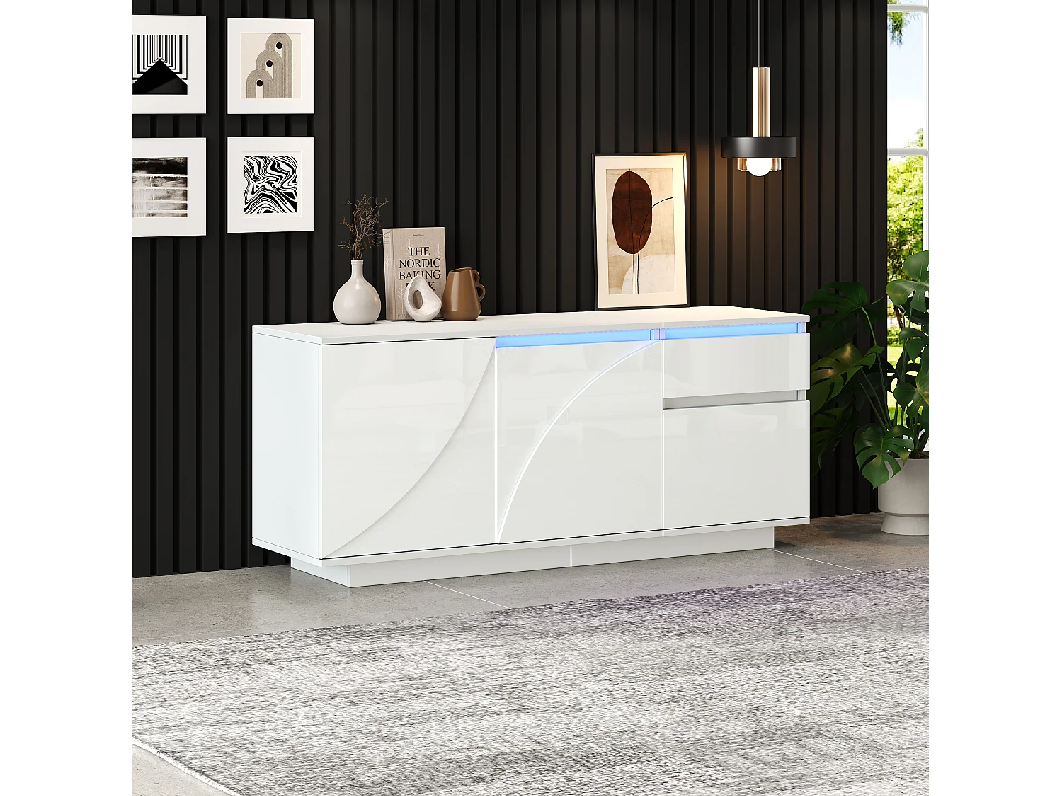 Buffet d'appoint brillant avec 3 portes + Leds + 1 tiroir - 140 x 40 x 60 cm - étagères réglables - MDF - blanc