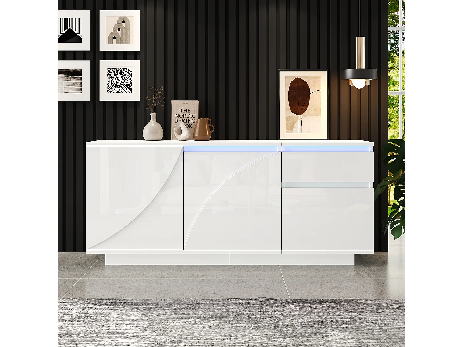 Buffet d'appoint brillant avec 3 portes + Leds + 1 tiroir - 140 x 40 x 60 cm - étagères réglables - MDF - blanc