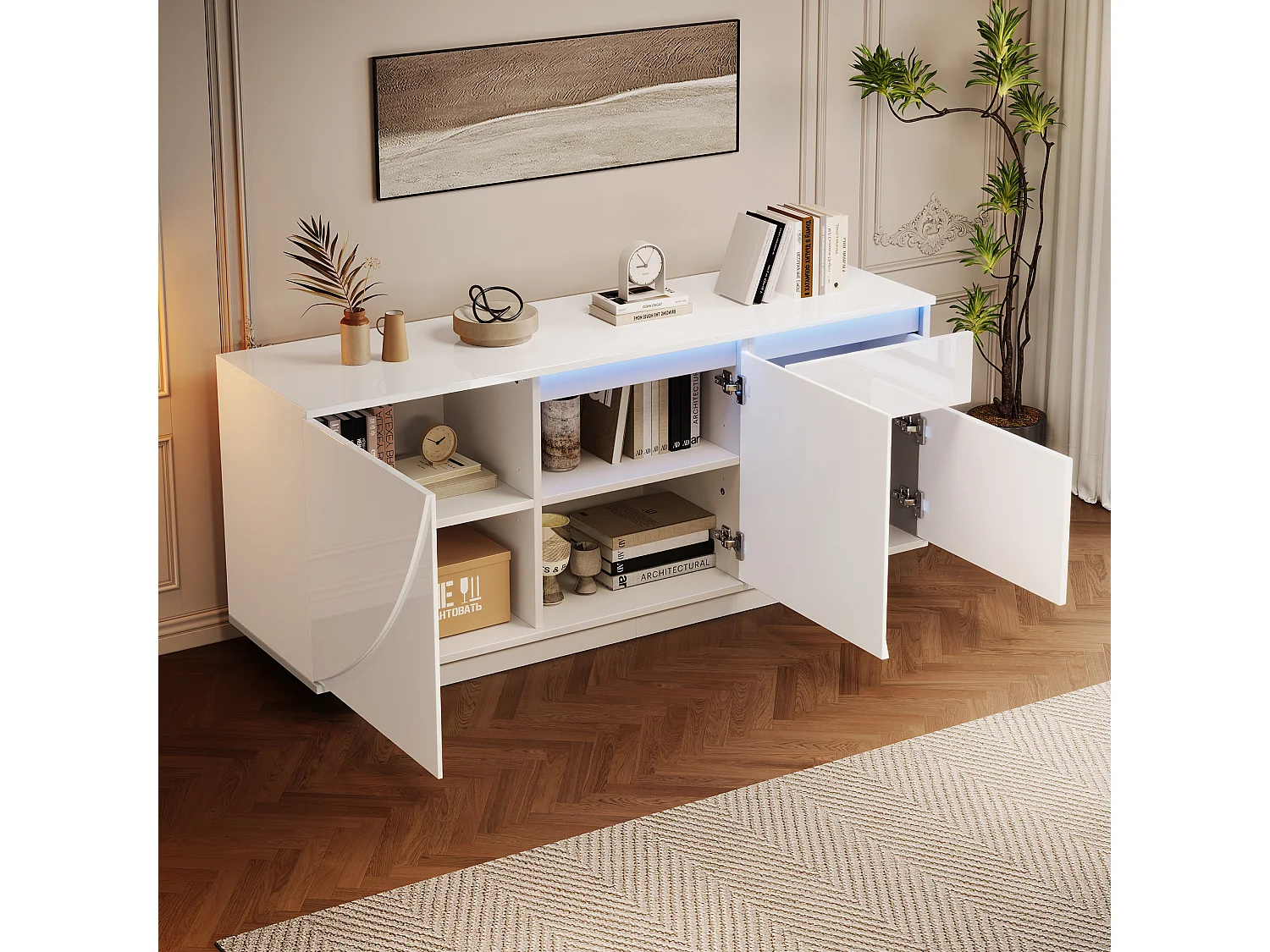 Buffet d'appoint brillant avec 3 portes + Leds + 1 tiroir - 140 x 40 x 60 cm - étagères réglables - MDF - blanc
