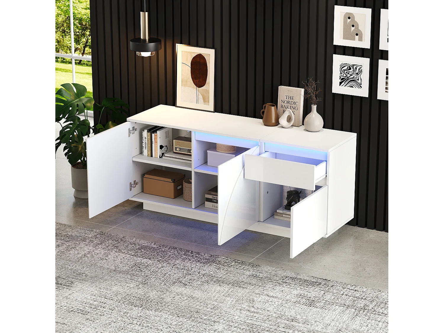 Buffet d'appoint brillant avec 3 portes + Leds + 1 tiroir - 140 x 40 x 60 cm - étagères réglables - MDF - blanc