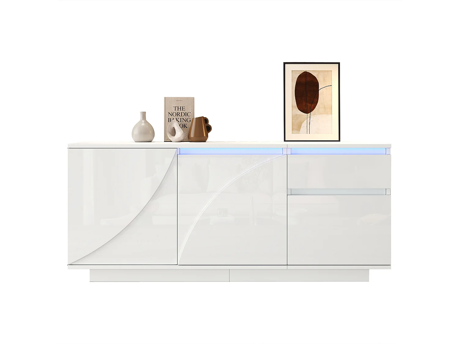 Buffet d'appoint brillant avec 3 portes + Leds + 1 tiroir - 140 x 40 x 60 cm - étagères réglables - MDF - blanc