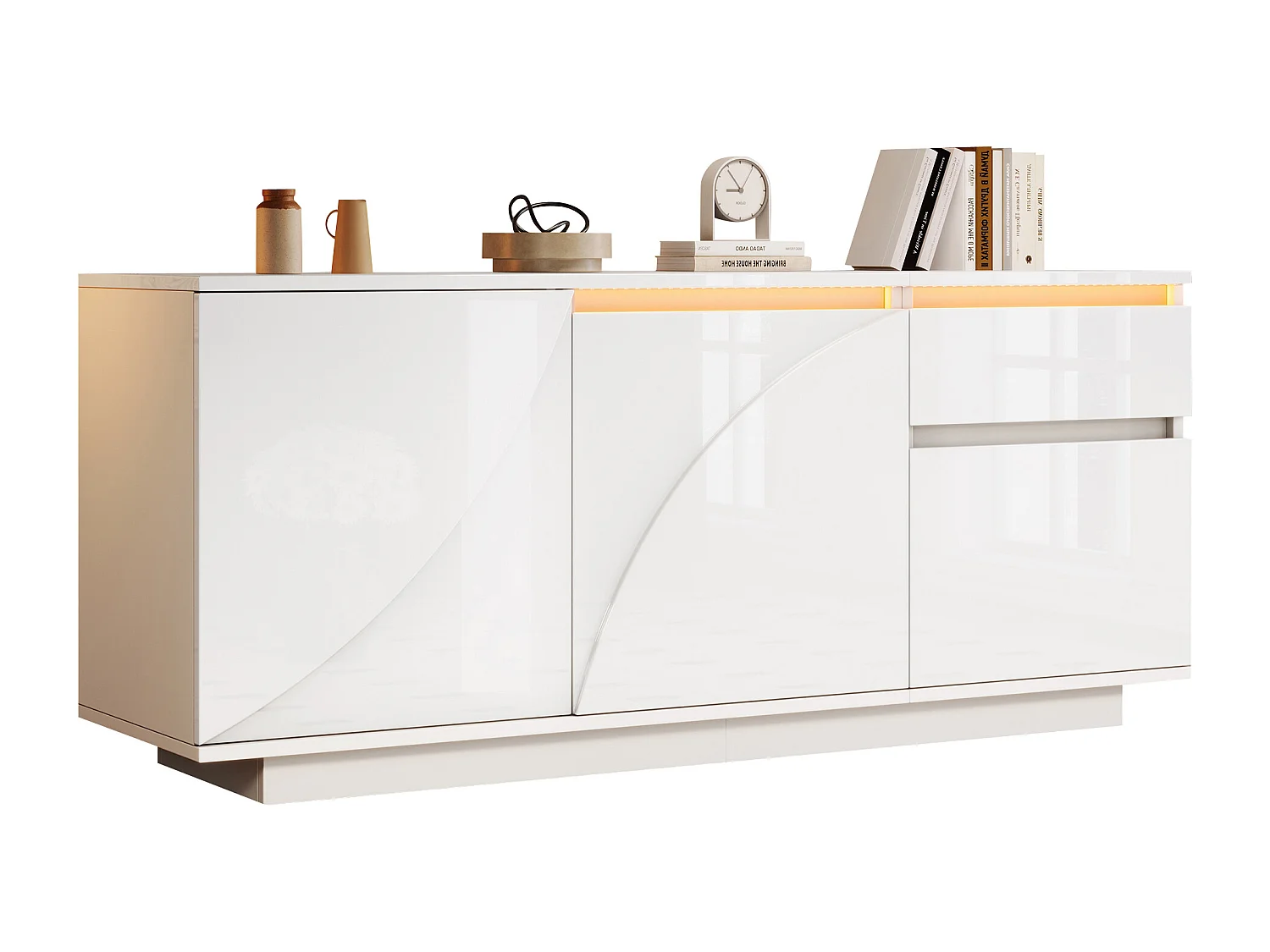 Buffet d'appoint brillant avec 3 portes + Leds + 1 tiroir - 140 x 40 x 60 cm - étagères réglables - MDF - blanc