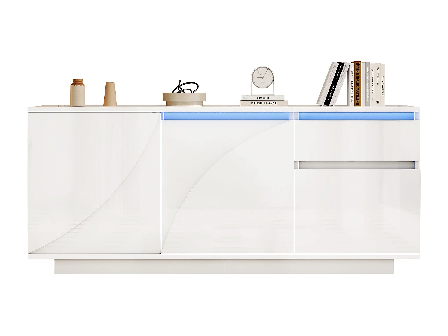 Buffet d'appoint brillant avec 3 portes + Leds + 1 tiroir - 140 x 40 x 60 cm - étagères réglables - MDF - blanc