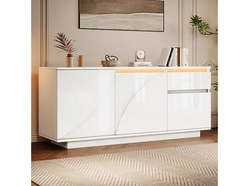 Buffet d'appoint brillant avec 3 portes + Leds + 1 tiroir - 140 x 40 x 60 cm - étagères réglables - MDF - blanc