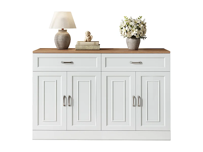 Buffet moderne avec étagères + 4 portes + 2 tiroirs - 120 x 35 x 80.5 cm - aggloméré - blanc