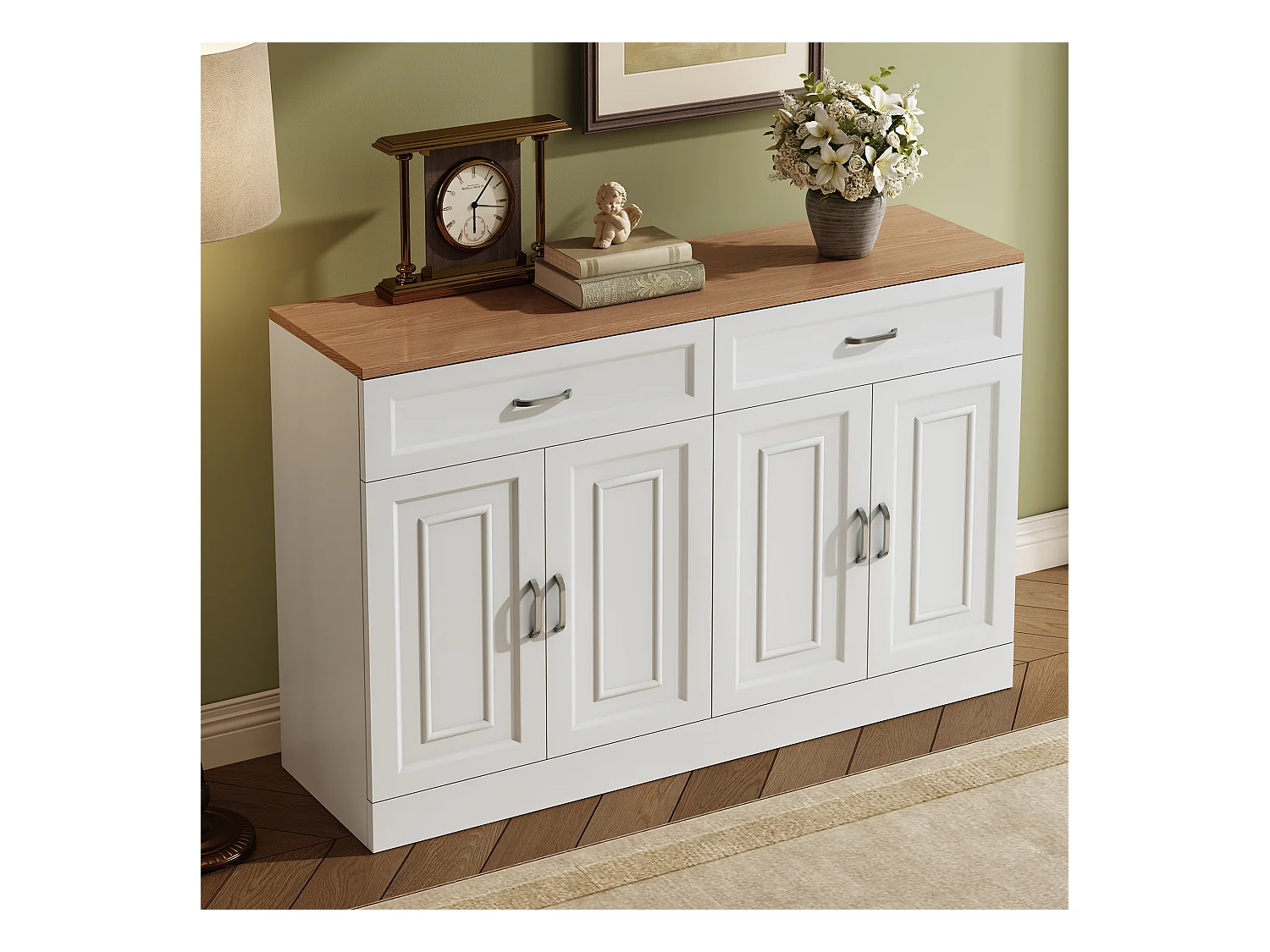 Buffet moderne avec étagères + 4 portes + 2 tiroirs - 120 x 35 x 80.5 cm - aggloméré - blanc