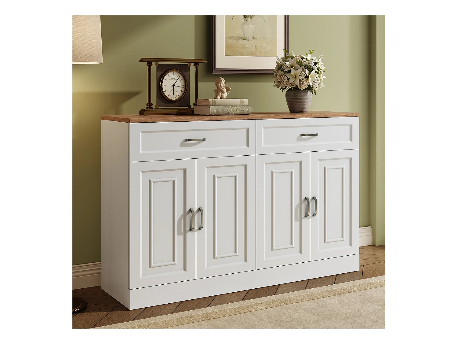 Buffet moderne avec étagères + 4 portes + 2 tiroirs - 120 x 35 x 80.5 cm - aggloméré - blanc