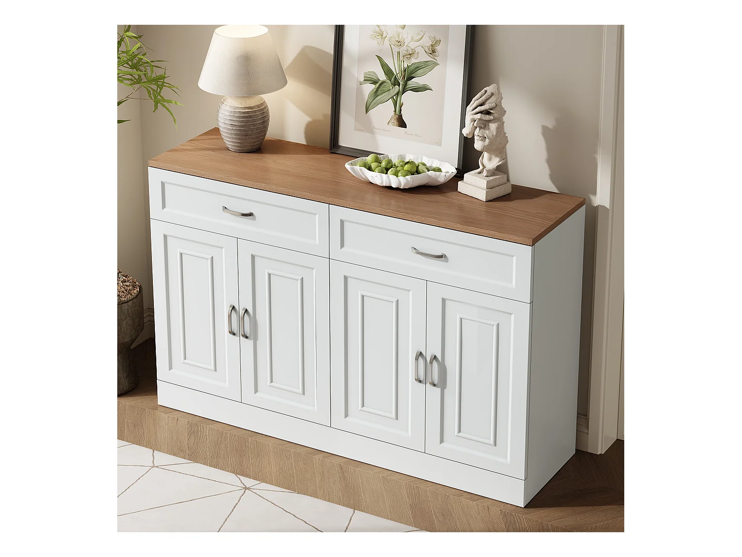 Modernes Sideboard mit Regalen + 4 Türen + 2 Schubladen - 120 x 35 x 80,5 cm - Spanplatte - Weiß