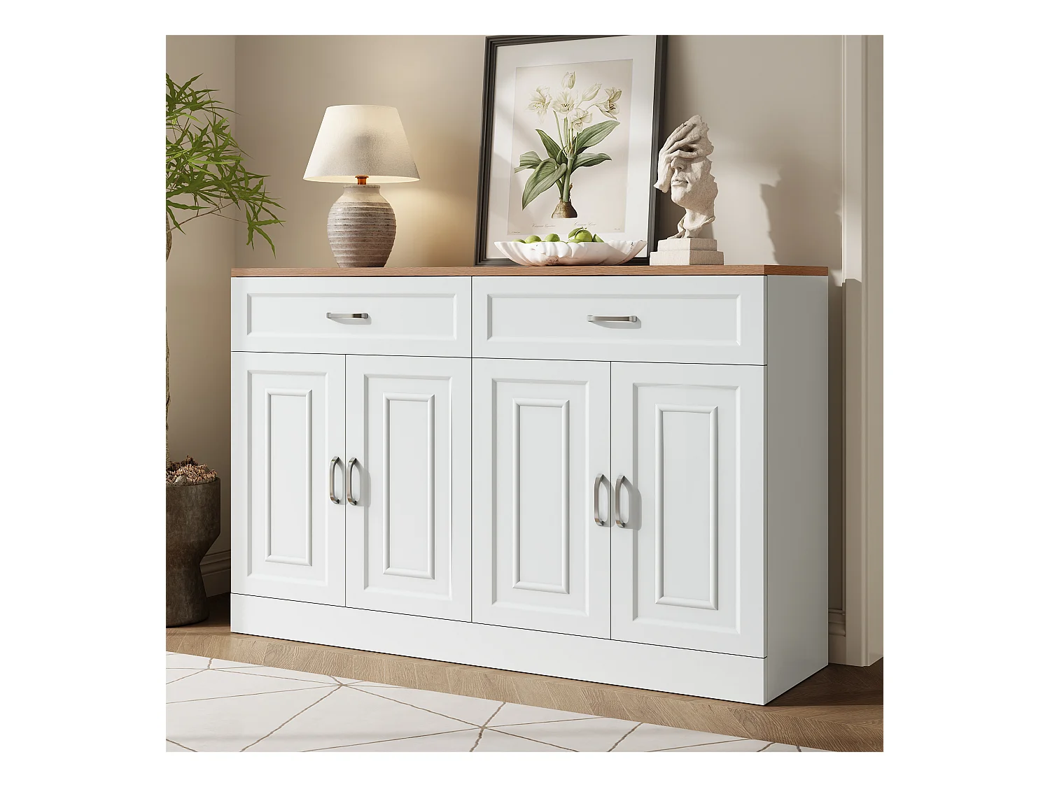Modernes Sideboard mit Regalen + 4 Türen + 2 Schubladen - 120 x 35 x 80,5 cm - Spanplatte - Weiß