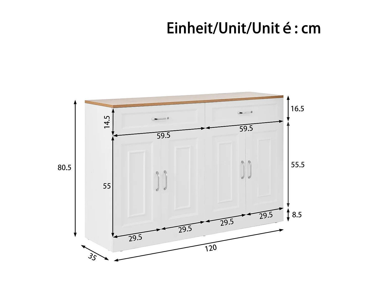 Buffet moderne avec étagères + 4 portes + 2 tiroirs - 120 x 35 x 80.5 cm - aggloméré - blanc