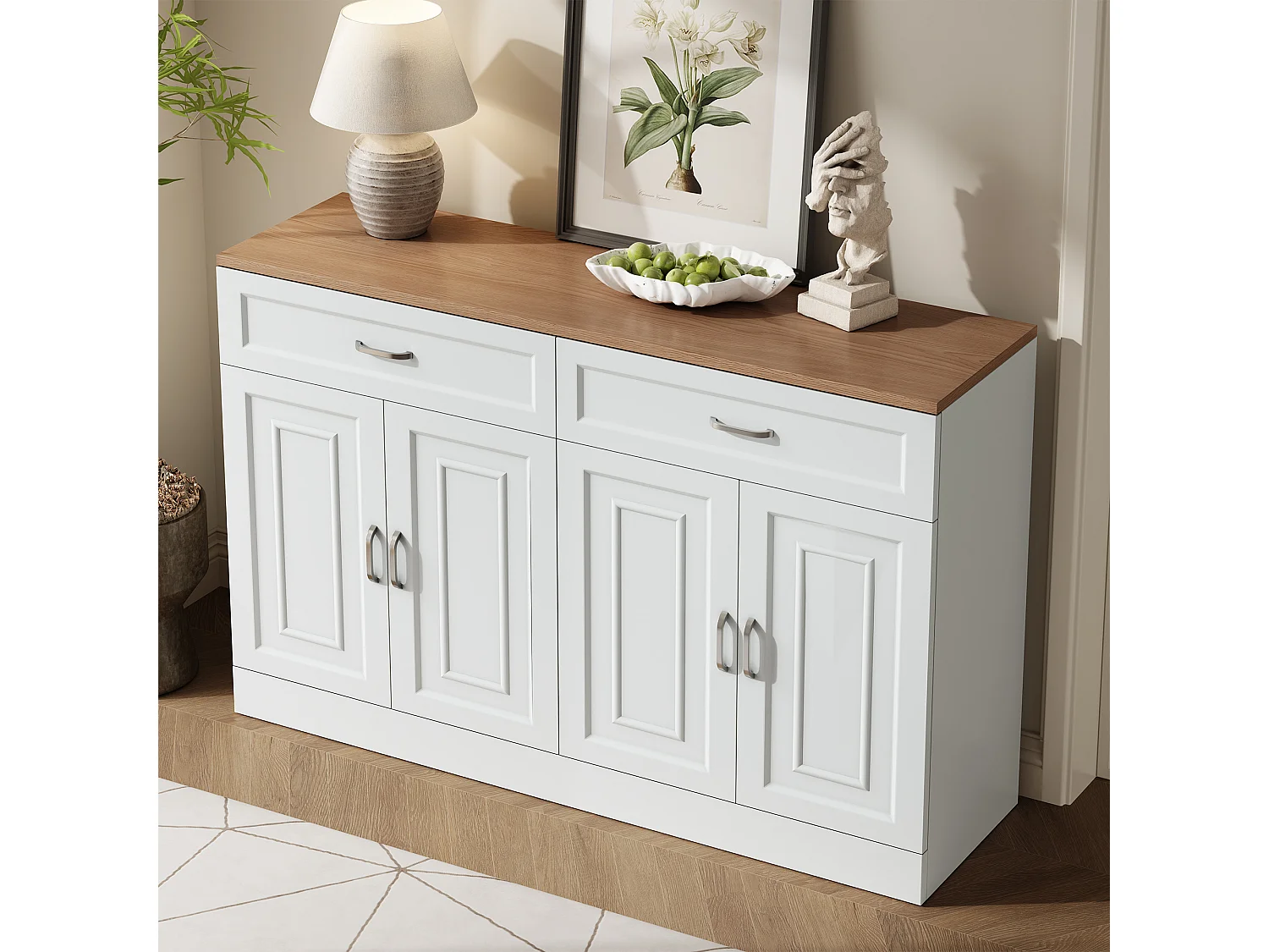 Buffet moderne avec étagères + 4 portes + 2 tiroirs - 120 x 35 x 80.5 cm - aggloméré - blanc