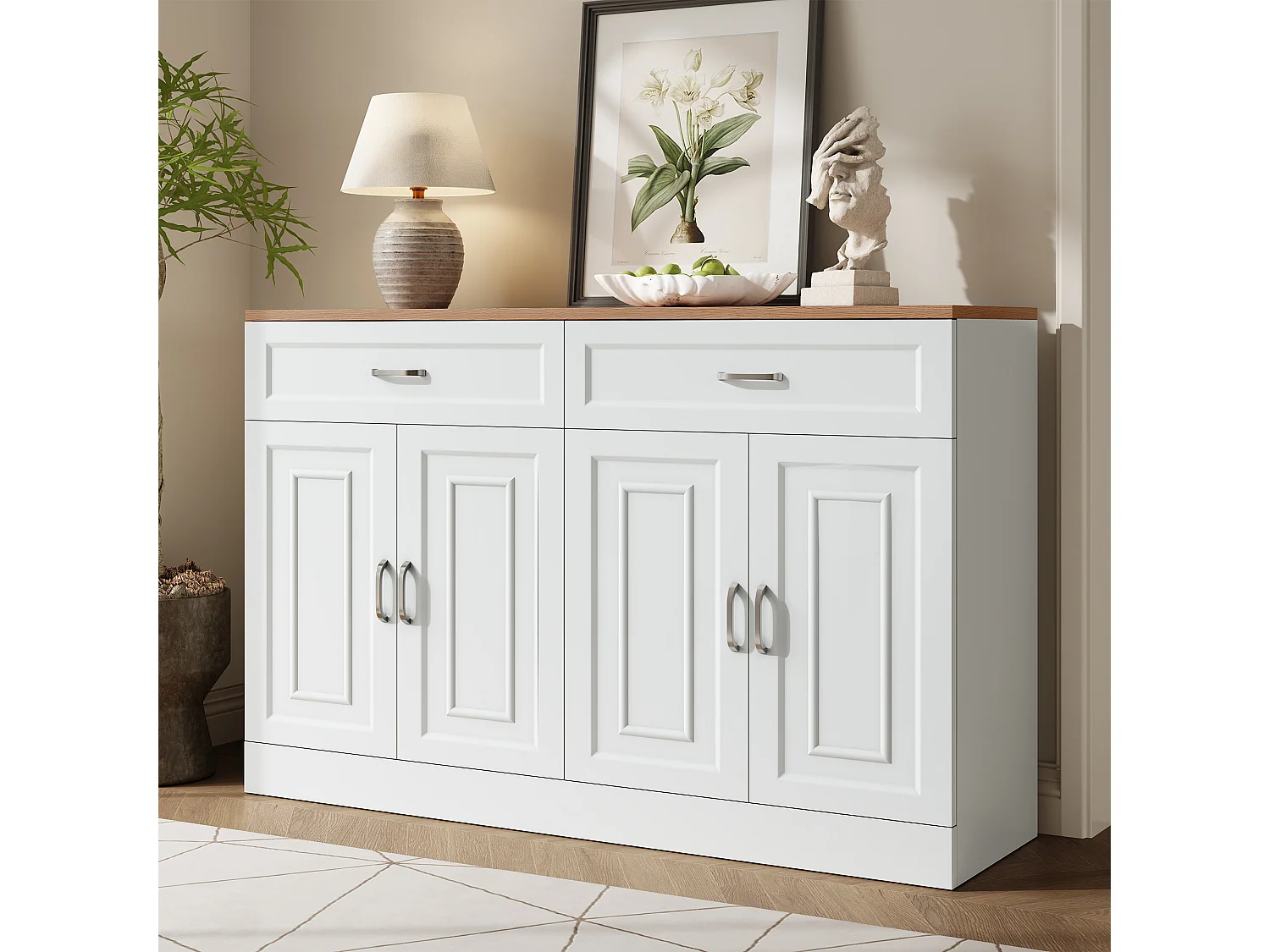 Buffet moderne avec étagères + 4 portes + 2 tiroirs - 120 x 35 x 80.5 cm - aggloméré - blanc