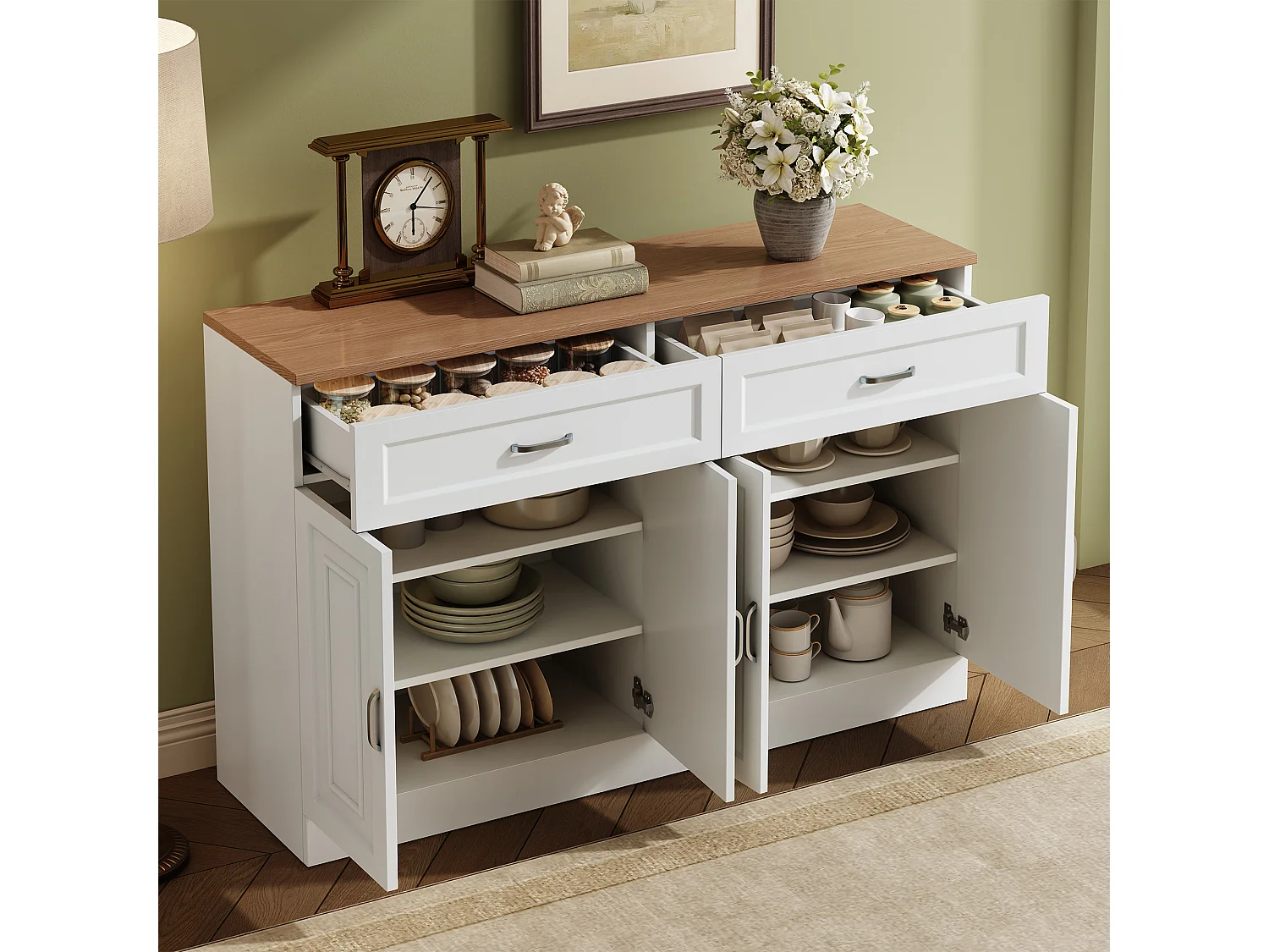 Buffet moderne avec étagères + 4 portes + 2 tiroirs - 120 x 35 x 80.5 cm - aggloméré - blanc