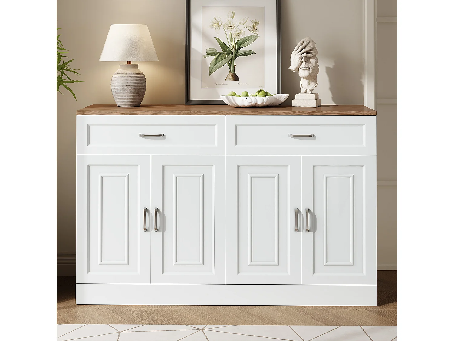 Buffet moderne avec étagères + 4 portes + 2 tiroirs - 120 x 35 x 80.5 cm - aggloméré - blanc
