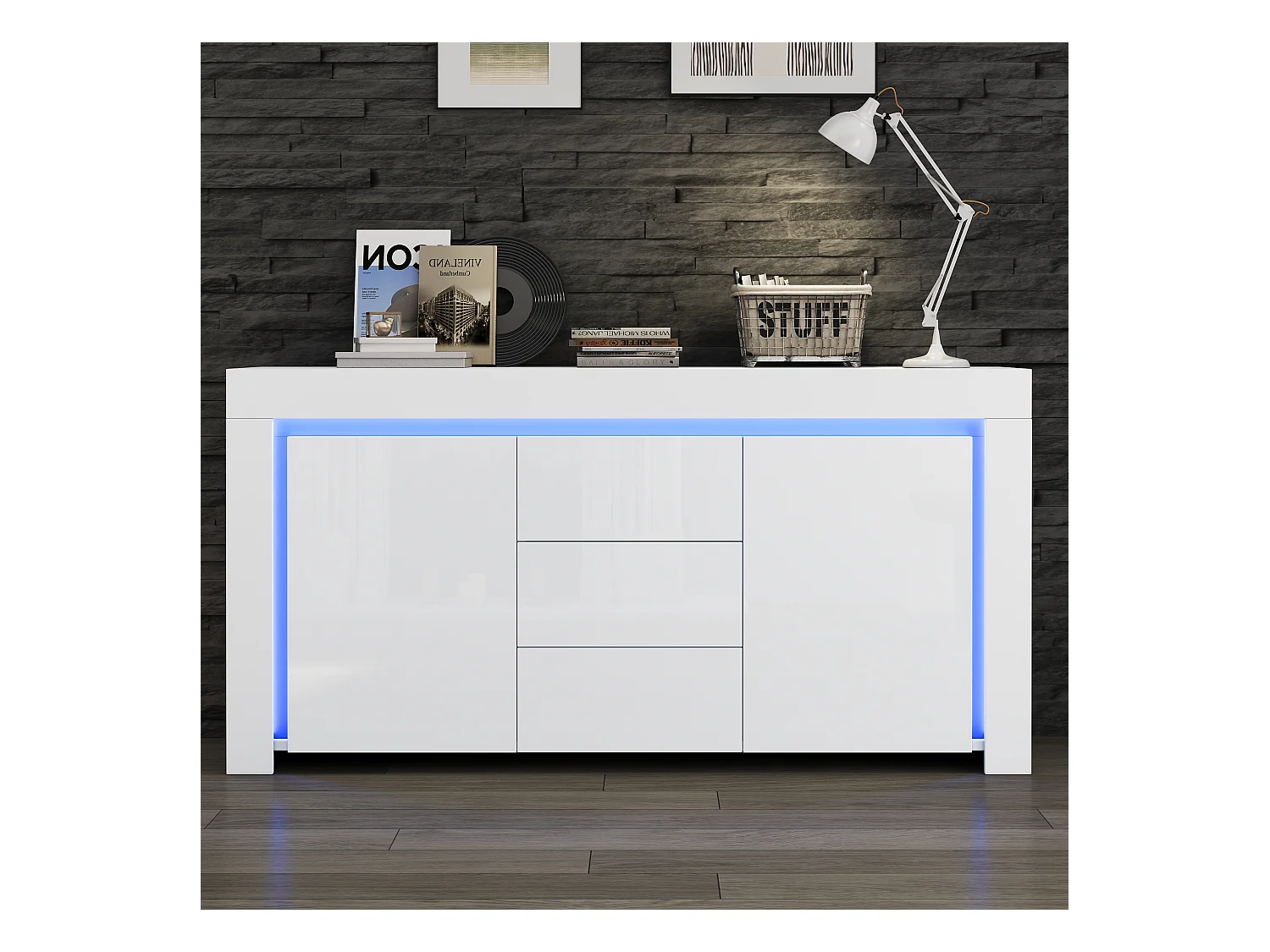 Buffet de salon brillant avec 3 tiroirs + 2 portes + Leds - 140 x 40 x 65 cm - MDF - blanc