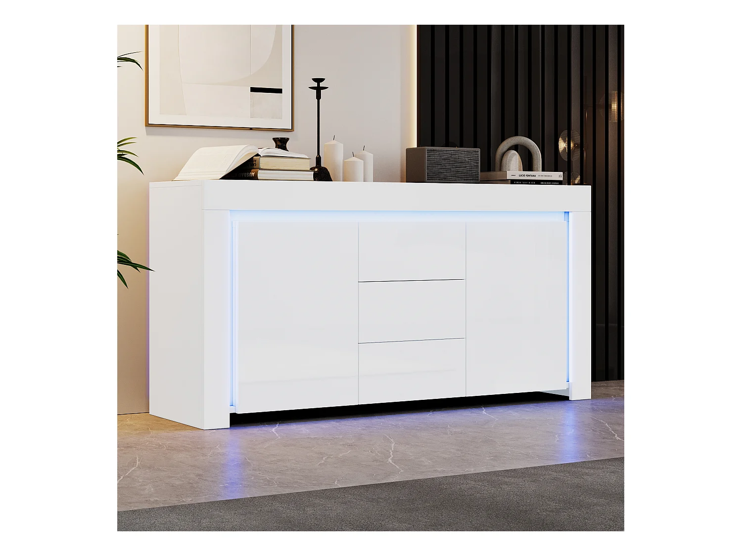 Buffet de salon brillant avec 3 tiroirs + 2 portes + Leds - 140 x 40 x 65 cm - MDF - blanc