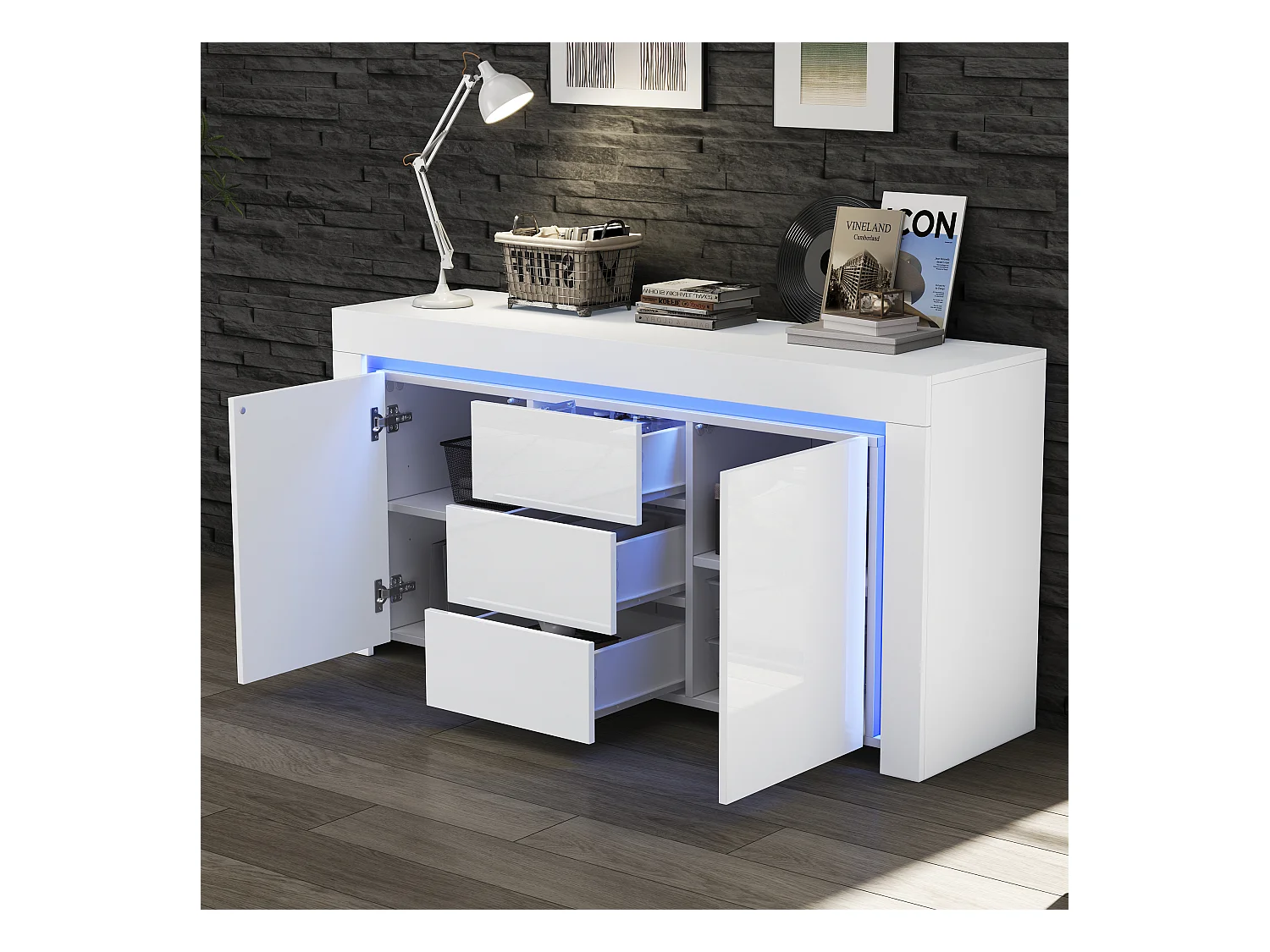 Buffet de salon brillant avec 3 tiroirs + 2 portes + Leds - 140 x 40 x 65 cm - MDF - blanc