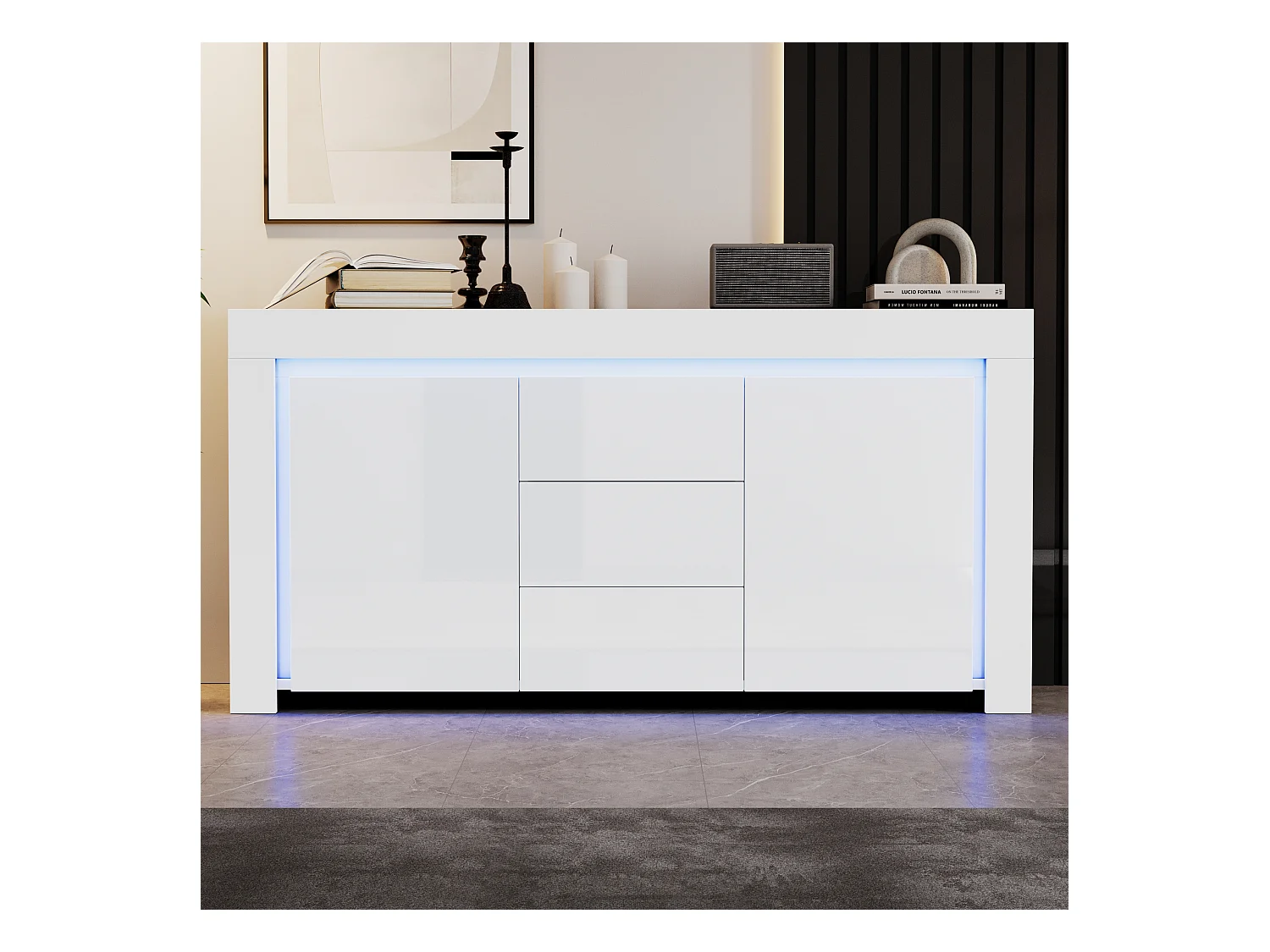 Glänzendes Wohnzimmer-Sideboard mit 3 Schubladen + 2 Türen + LEDs – 140 x 40 x 65 cm – MDF – Weiß