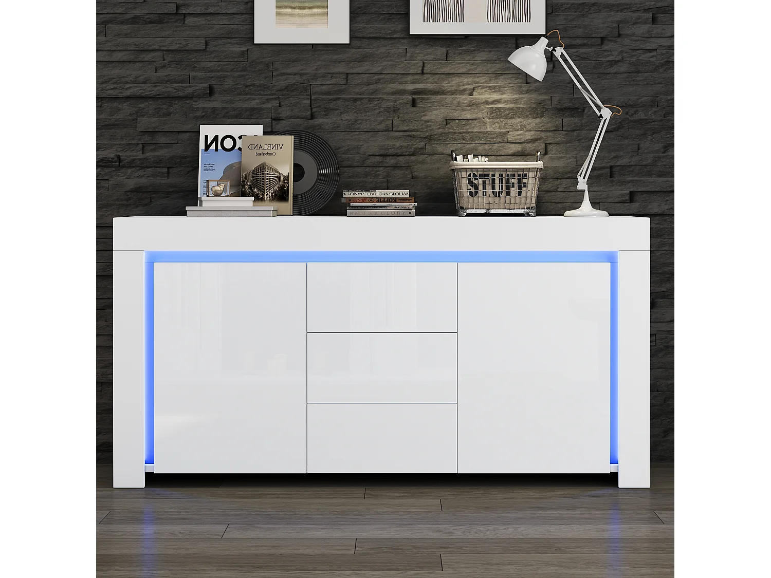 Buffet de salon brillant avec 3 tiroirs + 2 portes + Leds - 140 x 40 x 65 cm - MDF - blanc
