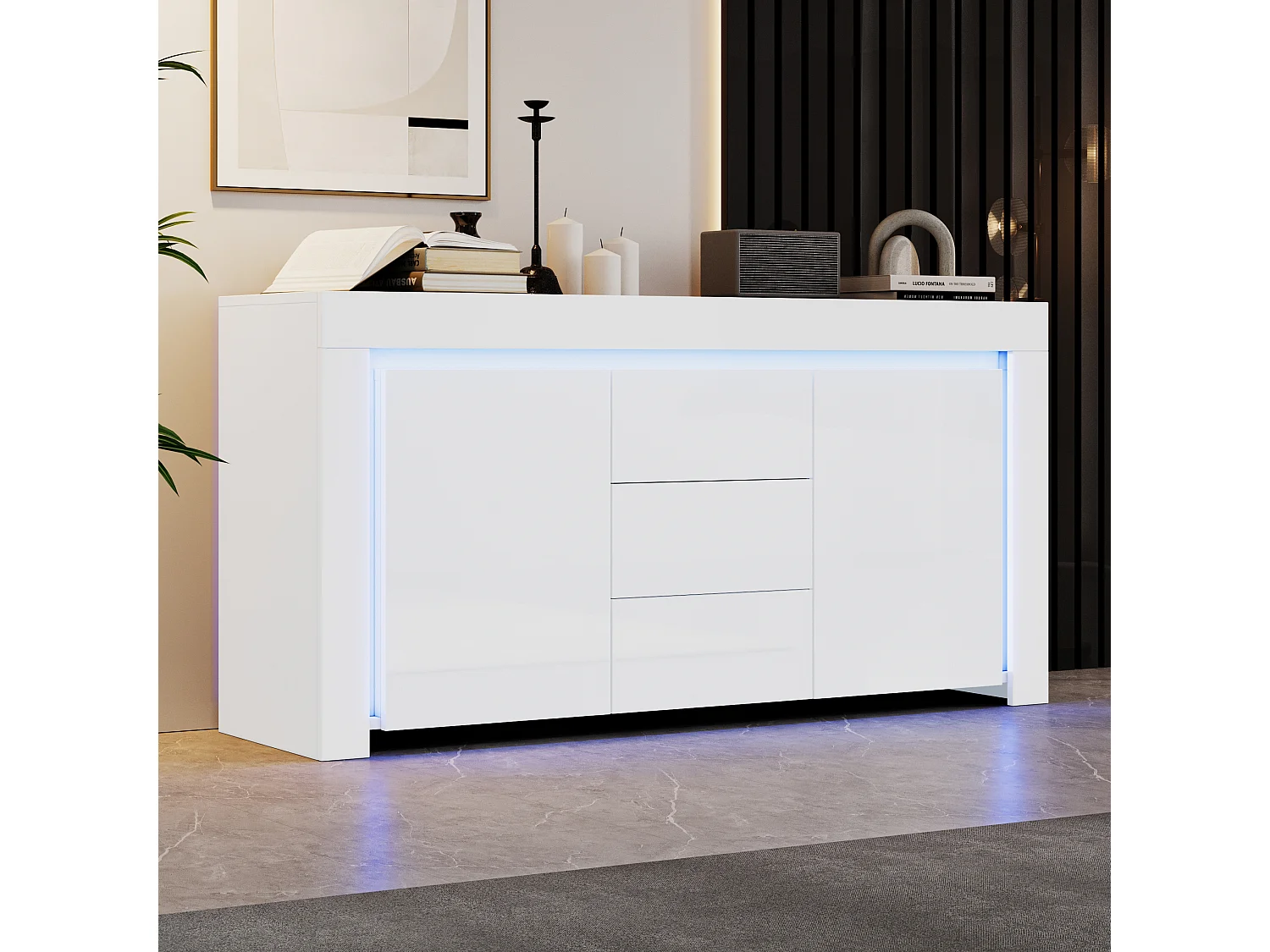 Buffet de salon brillant avec 3 tiroirs + 2 portes + Leds - 140 x 40 x 65 cm - MDF - blanc