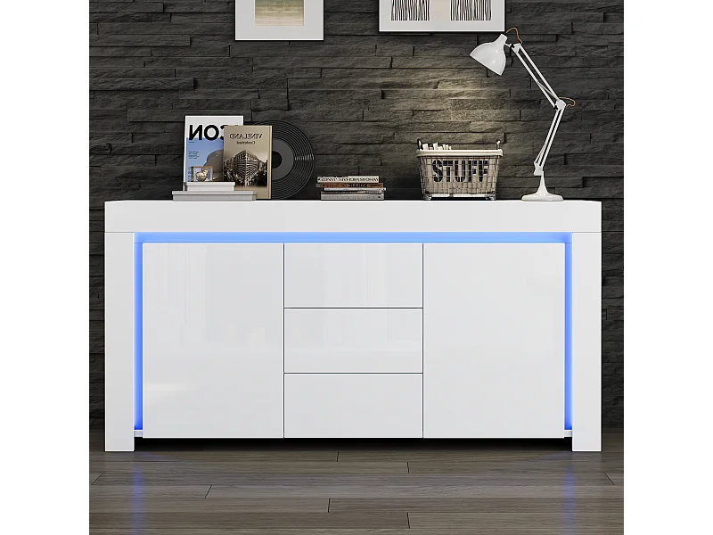 Buffet de salon brillant avec 3 tiroirs + 2 portes + Leds - 140 x 40 x 65 cm - MDF - blanc