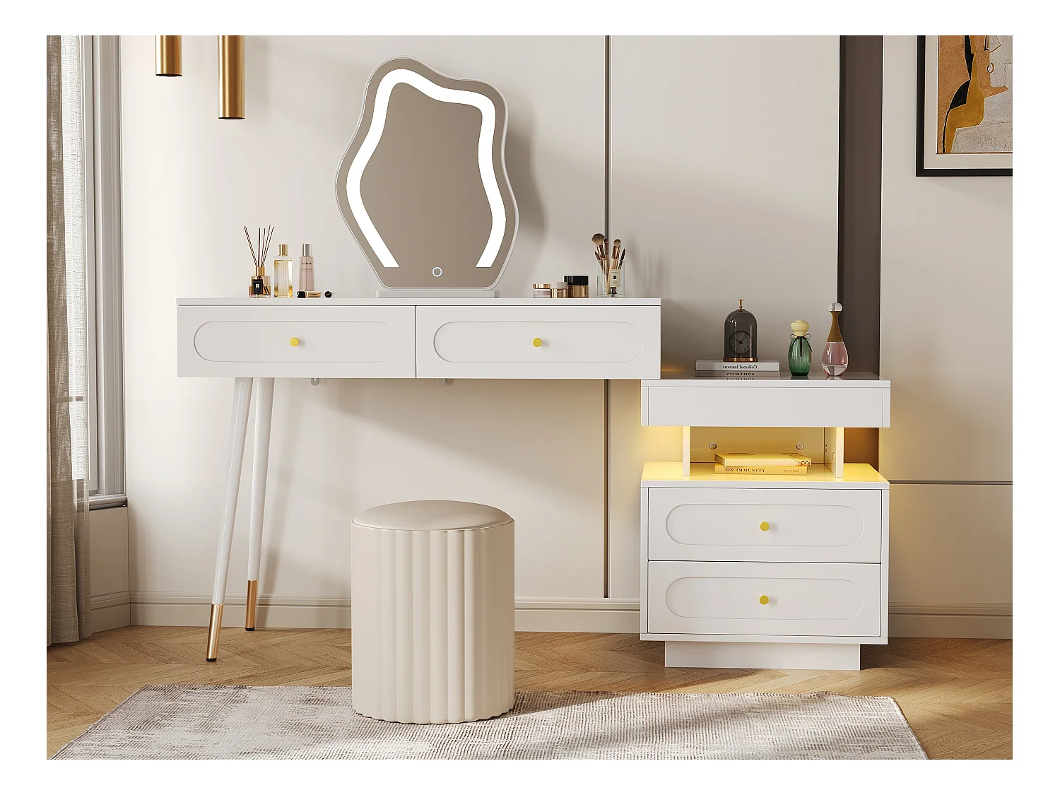 Ensemble Coiffeuse avec miroir Leds et éclairage - avec 4 tiroirs + 1 ouvert - 140 x 40 x 130 cm - aggloméré - Blanc