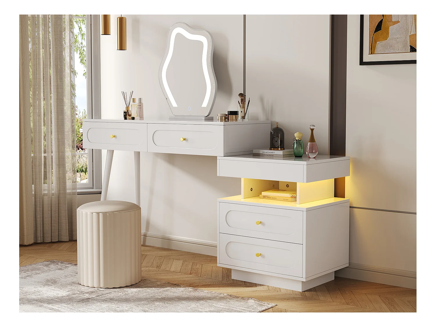 Ensemble Coiffeuse avec miroir Leds et éclairage - avec 4 tiroirs + 1 ouvert - 140 x 40 x 130 cm - aggloméré - Blanc