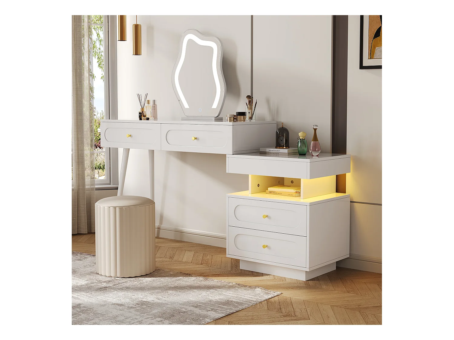 Ensemble Coiffeuse avec miroir Leds et éclairage - avec 4 tiroirs + 1 ouvert - 140 x 40 x 130 cm - aggloméré - Blanc