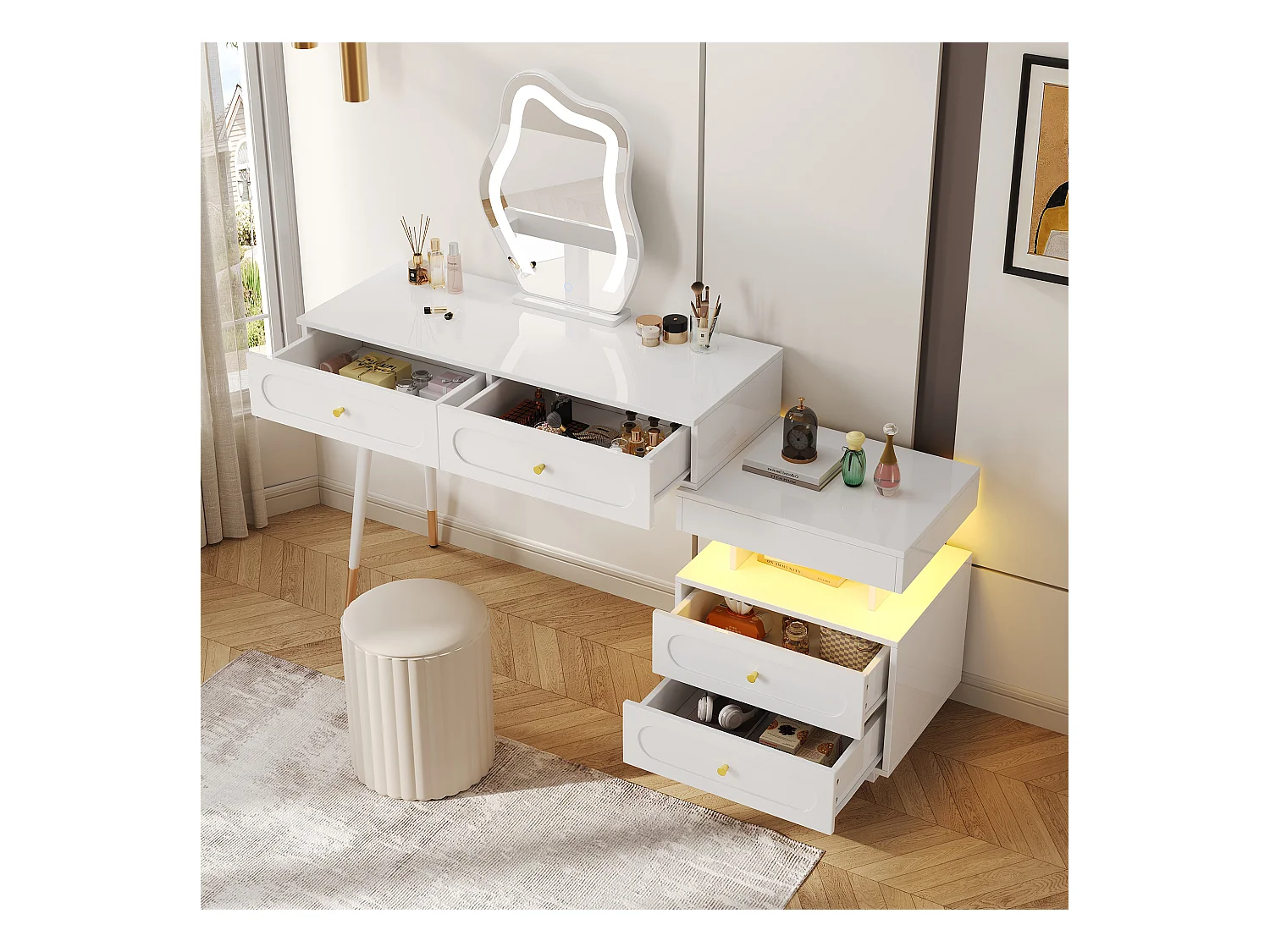 Ensemble Coiffeuse avec miroir Leds et éclairage - avec 4 tiroirs + 1 ouvert - 140 x 40 x 130 cm - aggloméré - Blanc