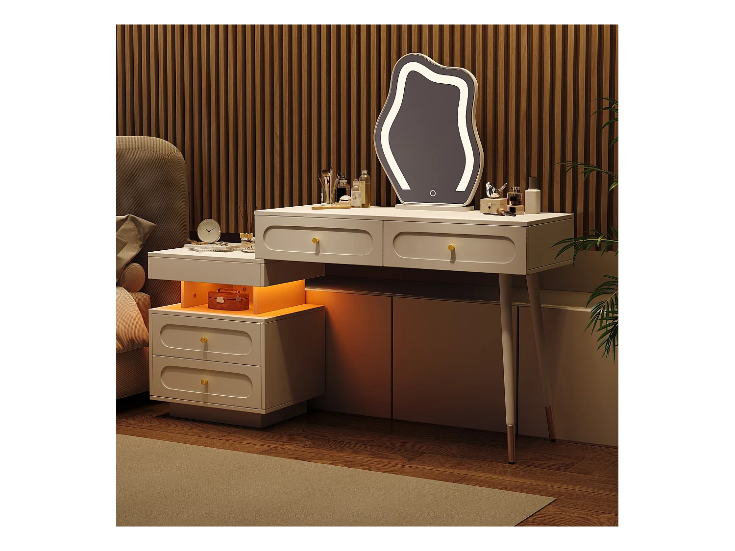 Ensemble Coiffeuse avec miroir Leds et éclairage - avec 4 tiroirs + 1 ouvert - 140 x 40 x 130 cm - aggloméré - Blanc