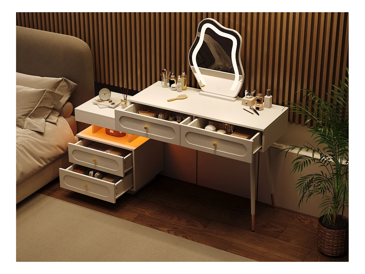 Ensemble Coiffeuse avec miroir Leds et éclairage - avec 4 tiroirs + 1 ouvert - 140 x 40 x 130 cm - aggloméré - Blanc