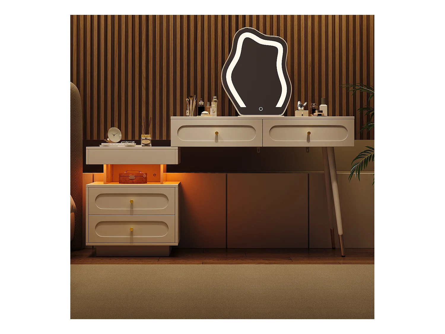 Ensemble Coiffeuse avec miroir Leds et éclairage - avec 4 tiroirs + 1 ouvert - 140 x 40 x 130 cm - aggloméré - Blanc