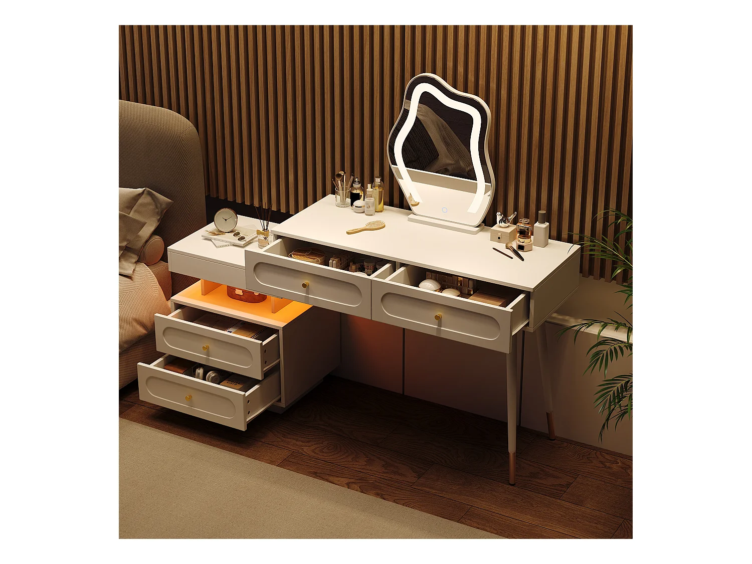 Ensemble Coiffeuse avec miroir Leds et éclairage - avec 4 tiroirs + 1 ouvert - 140 x 40 x 130 cm - aggloméré - Blanc