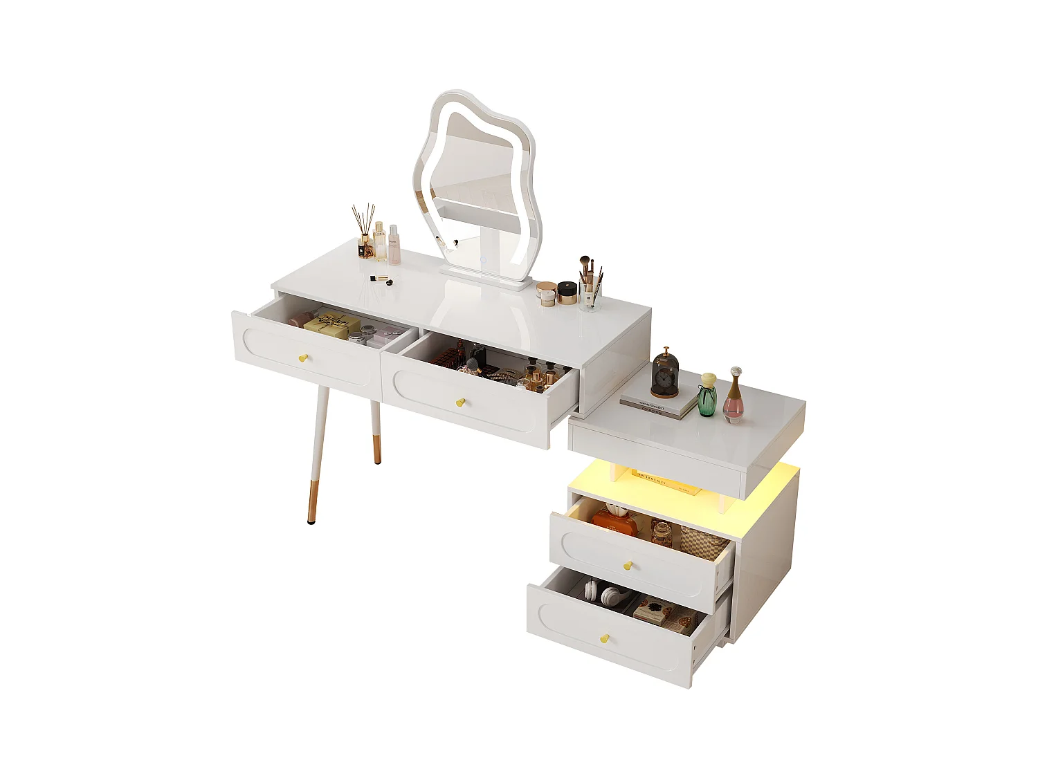 Ensemble Coiffeuse avec miroir Leds et éclairage - avec 4 tiroirs + 1 ouvert - 140 x 40 x 130 cm - aggloméré - Blanc