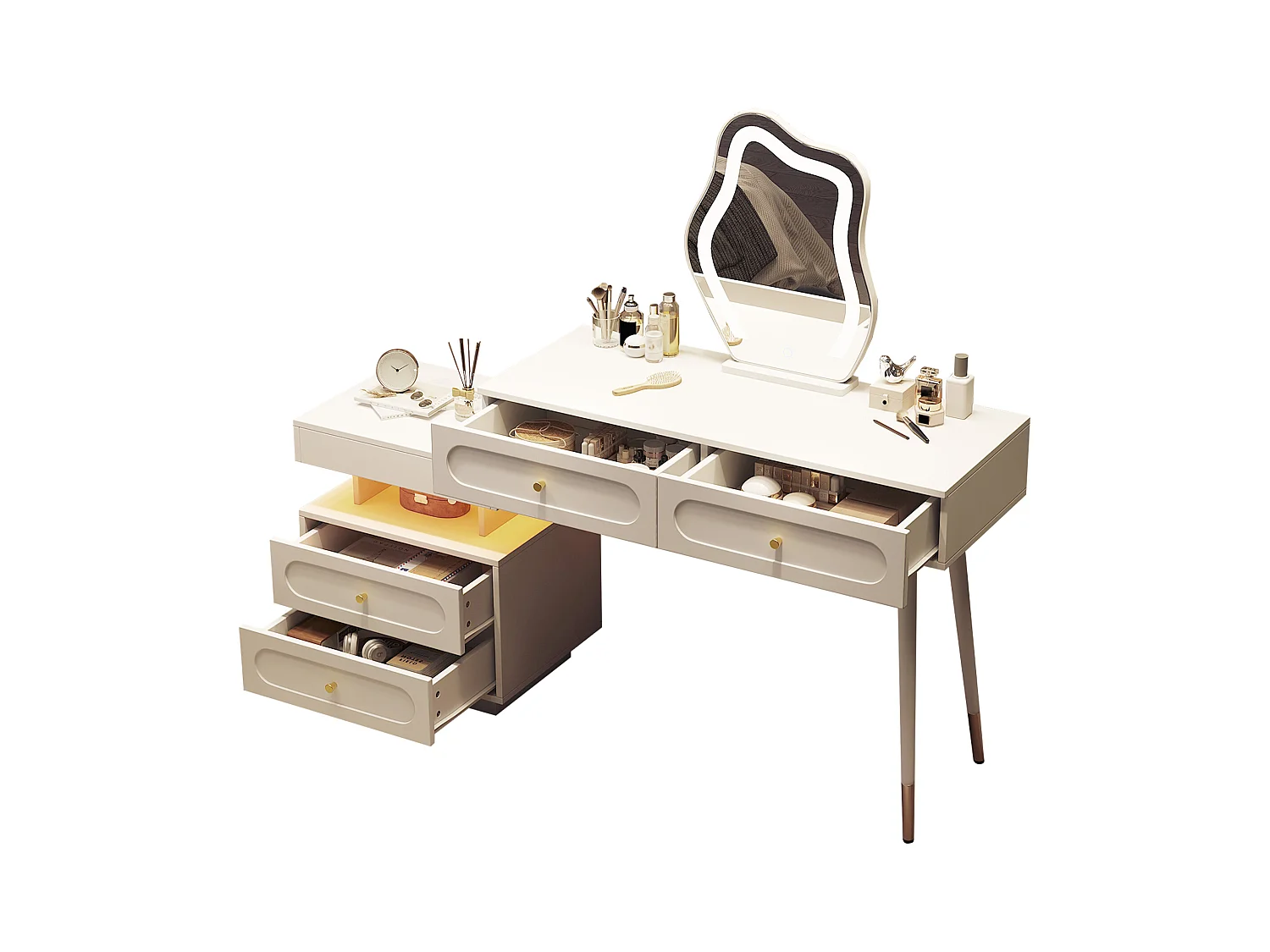 Ensemble Coiffeuse avec miroir Leds et éclairage - avec 4 tiroirs + 1 ouvert - 140 x 40 x 130 cm - aggloméré - Blanc