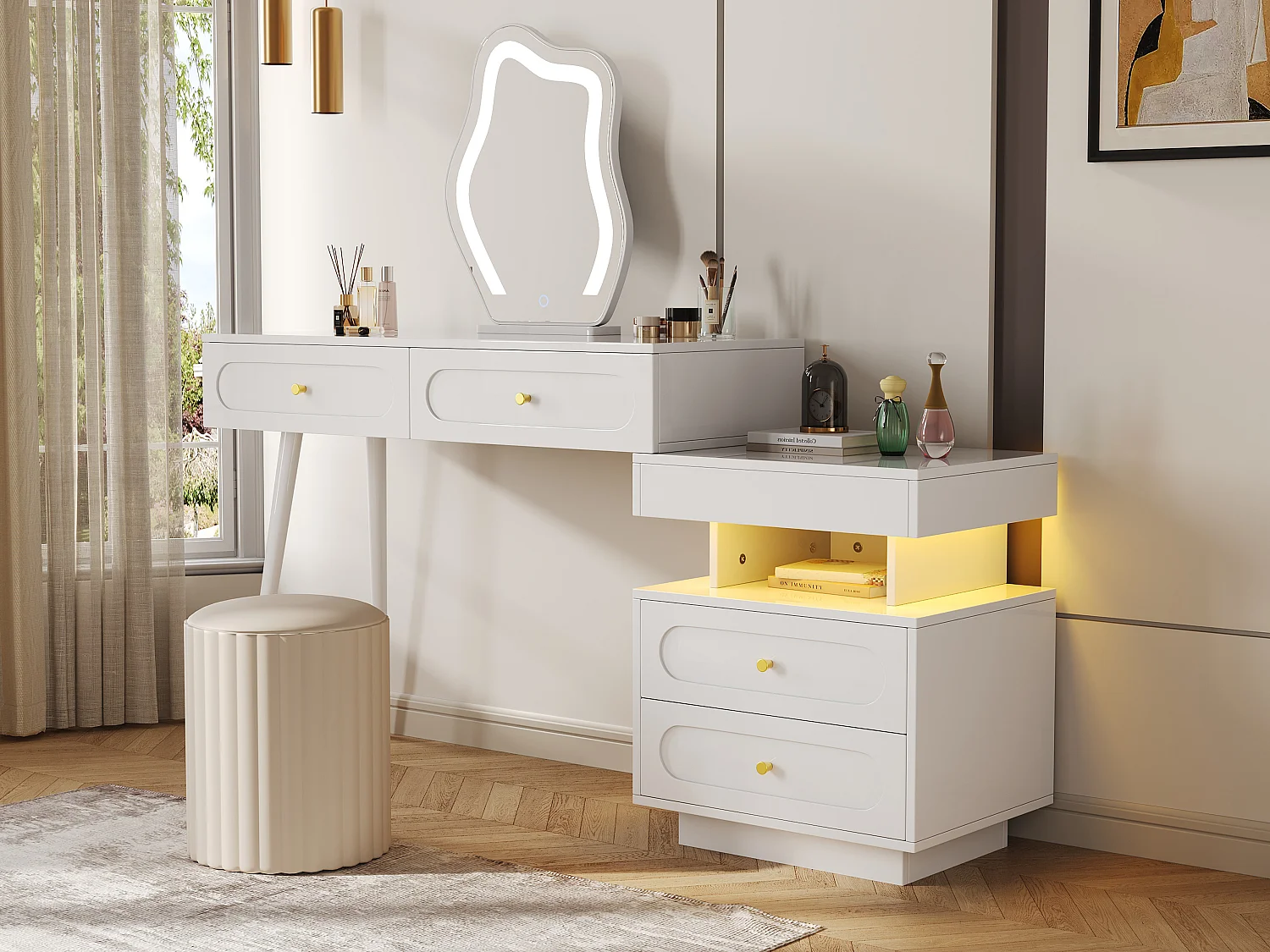 Conjunto de penteadeira com espelho e iluminação LED - com 4 gavetas + 1 aberta - 140 x 40 x 130 cm - aglomerado - Branco